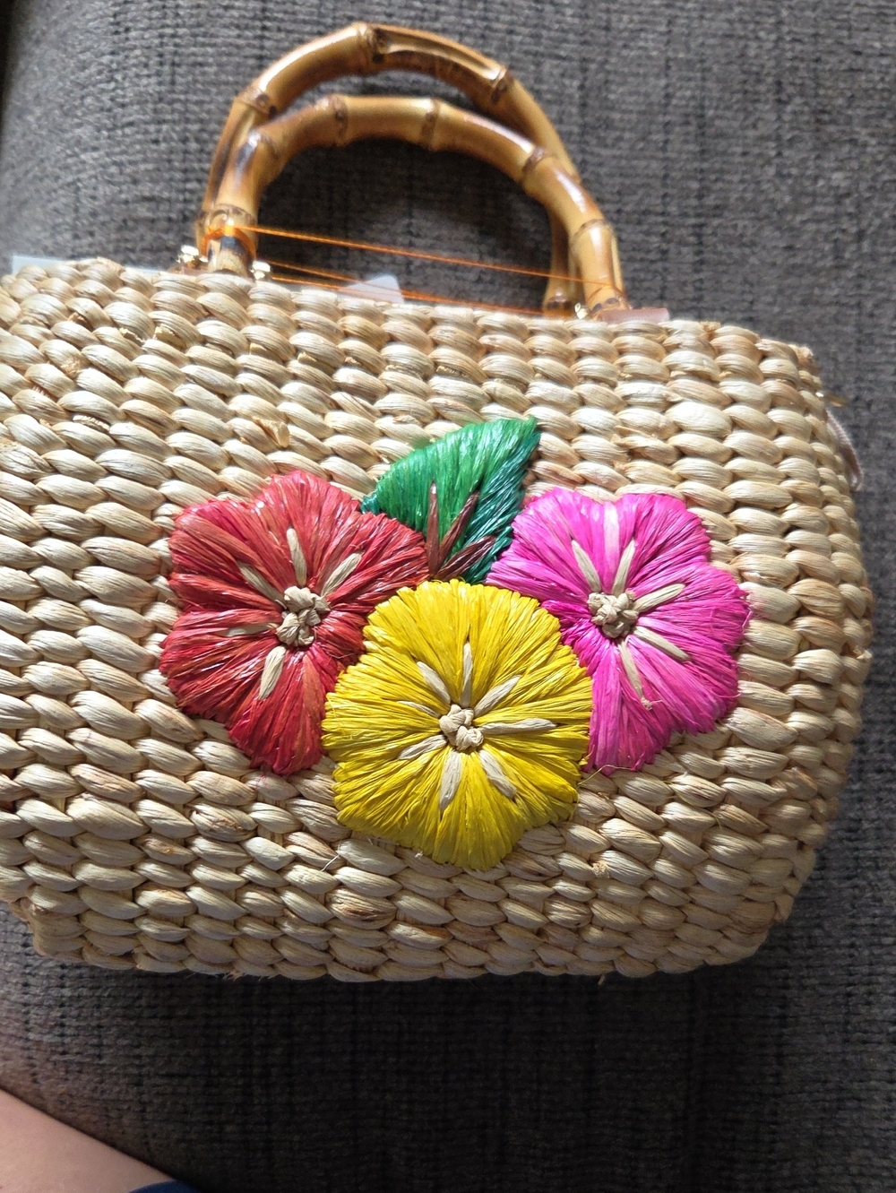 Woven Straw Tote with Pink, Yellow & Red Floral Embroidery